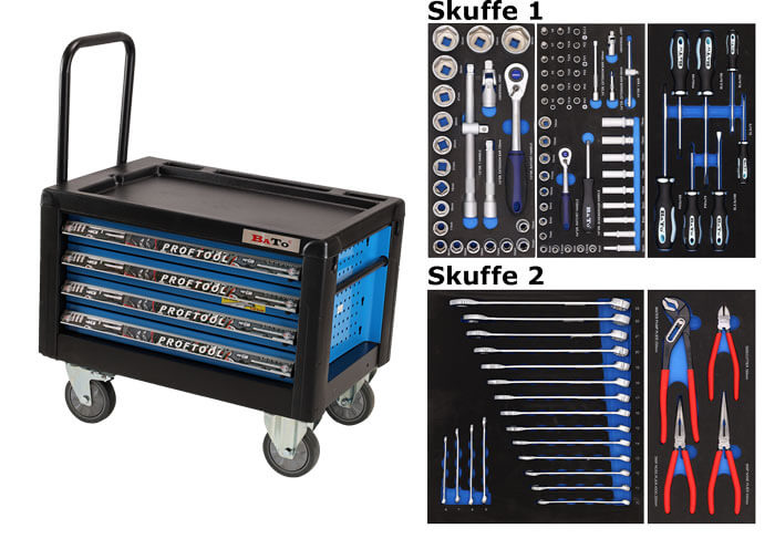 BATO Tool trolley mini 4 drawers. 2 drawers with 103 parts tools in 2 drawers. Model 9134-103. Blue.