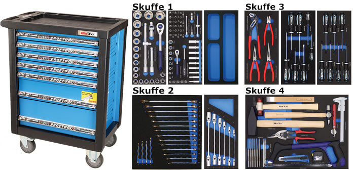 BATO Tool trolley with 7 drawers. 4 drawers with 140 parts tools. Model 9137-140. Blue