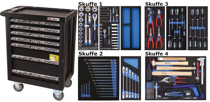 BATO Tool trolley with 7 drawers. 4 drawers with 140 parts tools. Model 9124-140. Black