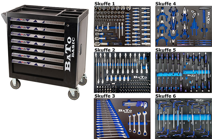 BATO BASIC tool trolley with 7 drawers and end cabinet. 6 drawers with 270 tool parts