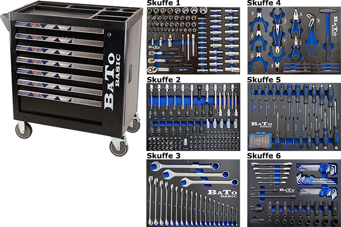 BATO BASIC tool trolley with 7 drawers and end cabinet. 6 drawers with 358 tool parts